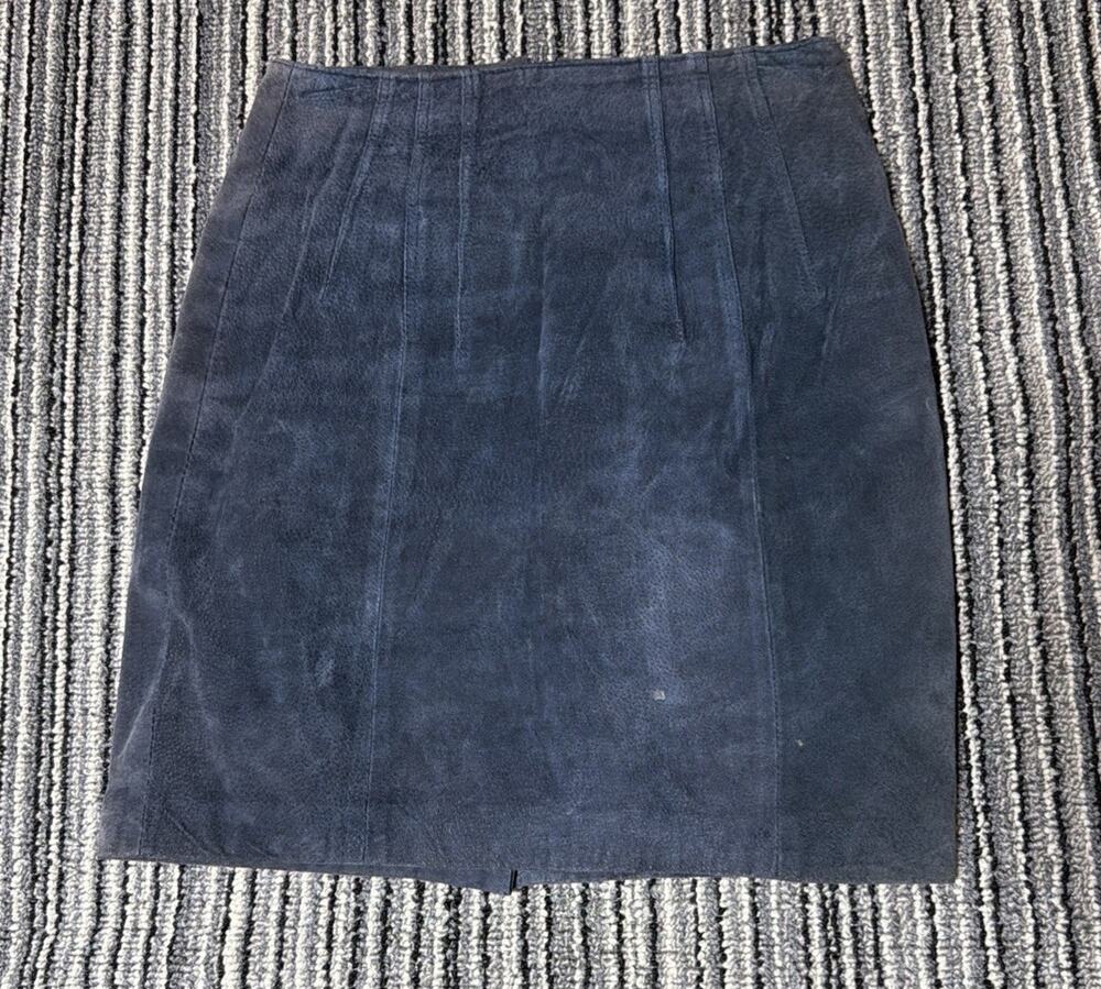 Vintage 90s Express Blue Mineral Suede Genuine Leather Lined Mini Skirt Size 5/6
